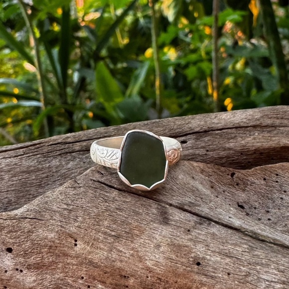 Hand Crafted Jewelry - Forest green sea glass natural floral sterling & fine silver